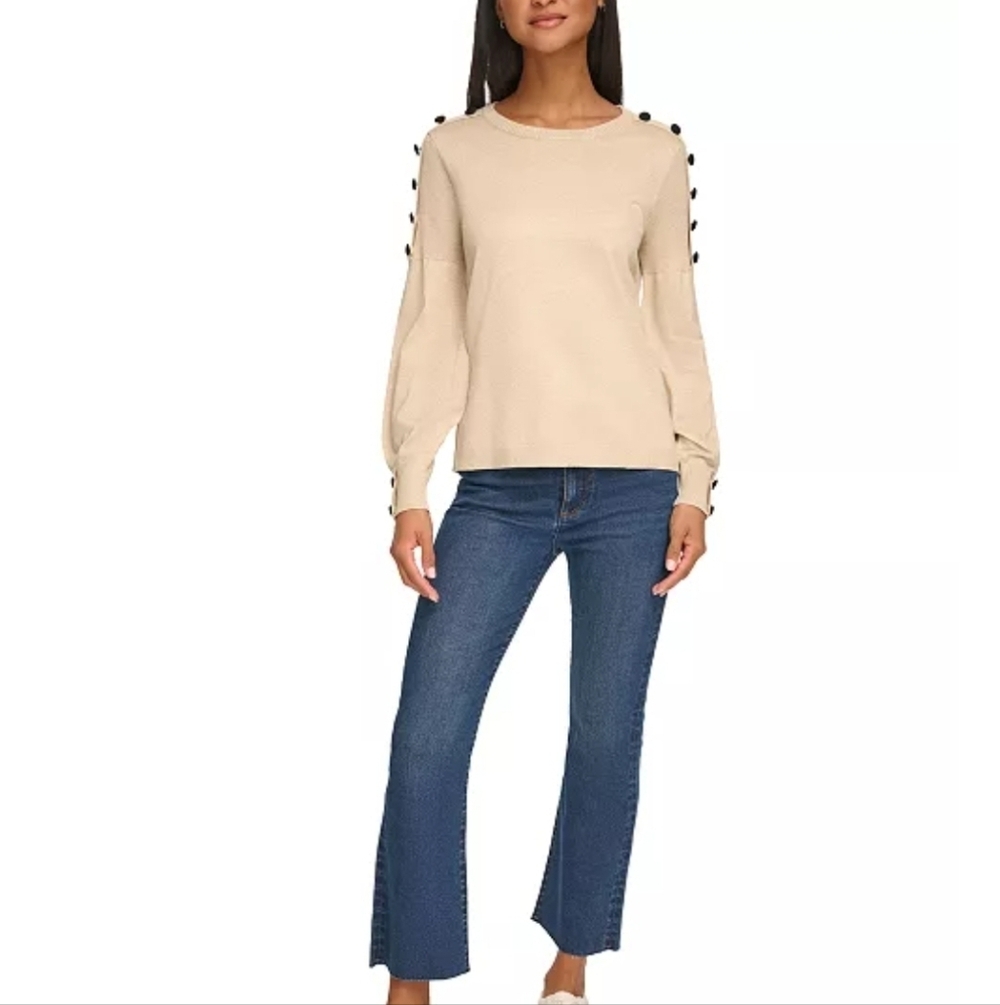 Karl Lagerfeld Sparkly Gold Sweater with Black Sleeve Buttons, Size L